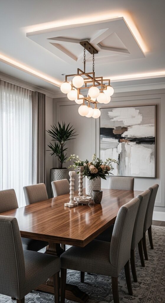 Elegant Dining Room with Geometric Ceiling Panels