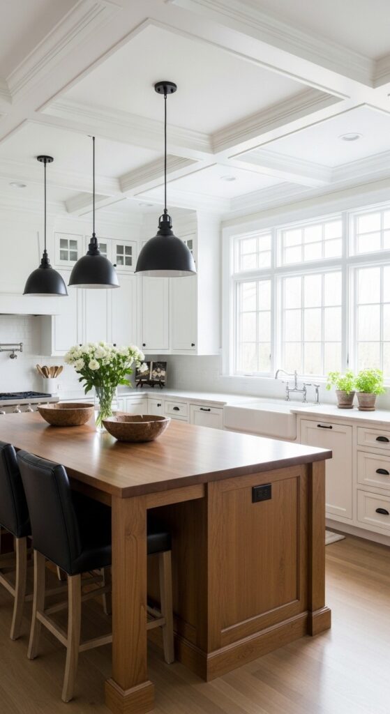 Modern Farmhouse Kitchen with Coffered Ceiling Detail