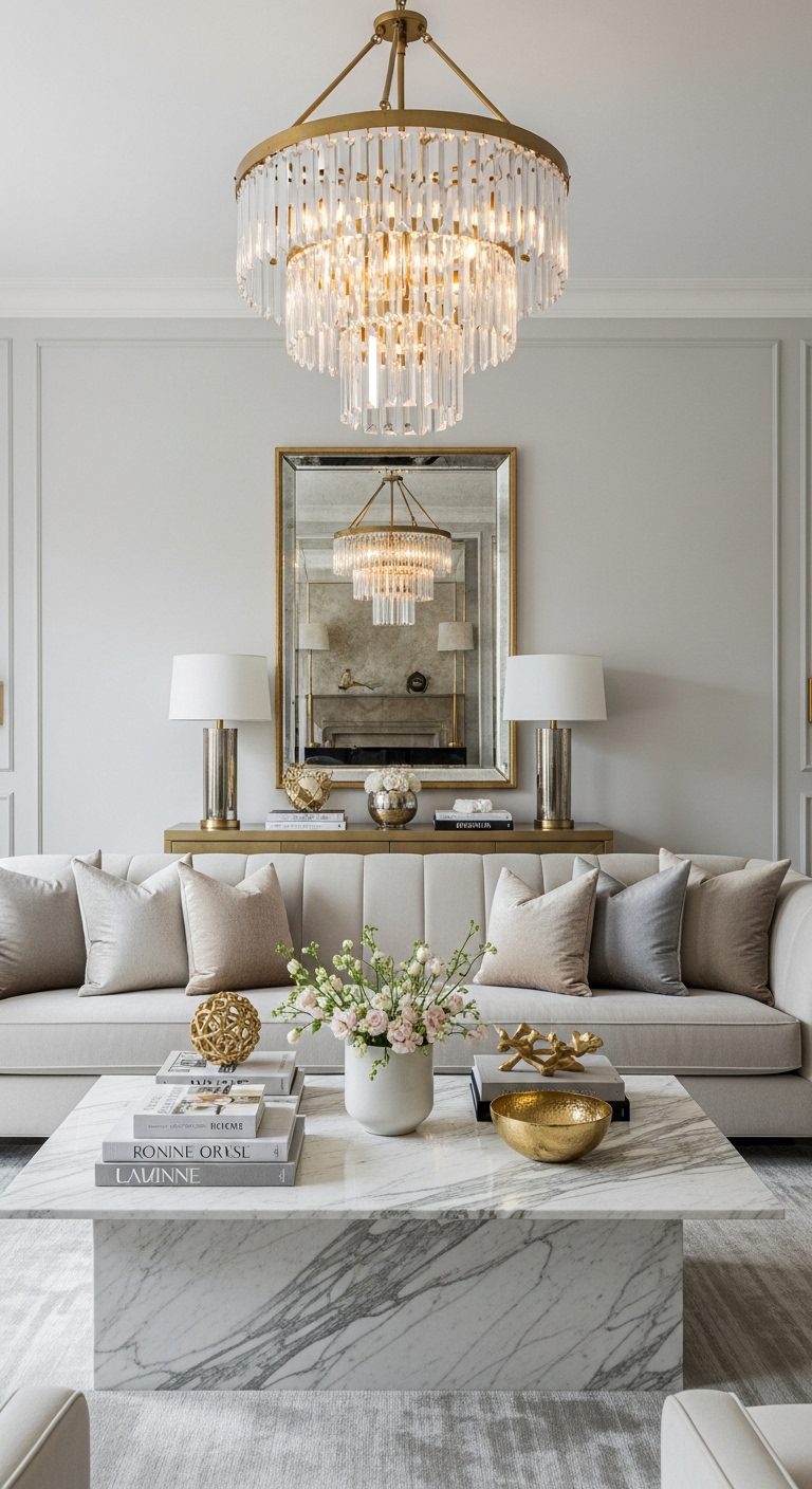 Luxury living room with marble table, velvet sofa, and gold accents in a neutral color scheme