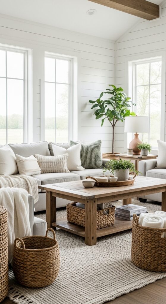 Modern farmhouse style continues to be one of the most popular interior design trends in the United States. Combining rustic charm with clean modern elements, this style creates a warm and welcoming living room perfect for family gatherings and everyday comfort.1. Use a Neutral Color PaletteWhite walls, beige sofas, and soft gray accents form the foundation of a modern farmhouse living room. Neutral tones reflect natural light and create a calm, inviting space.2. Incorporate Rustic Wood AccentsAdd a reclaimed wood coffee table, floating wooden shelves, or exposed beams to bring warmth and texture into the room.3. Layer Cozy TexturesChunky knit blankets, linen pillows, and woven baskets enhance the cozy farmhouse vibe while maintaining a modern look.Conclusion:A modern farmhouse living room blends comfort and style effortlessly, making it a perfect choice for American homes looking for timeless decor inspiration.SEO Keywords: Modern farmhouse living room, farmhouse decor ideas, rustic home interior, cozy American homeAlt Text: Modern farmhouse living room with white walls, rustic wood coffee table, neutral sofa, and cozy layered textures.