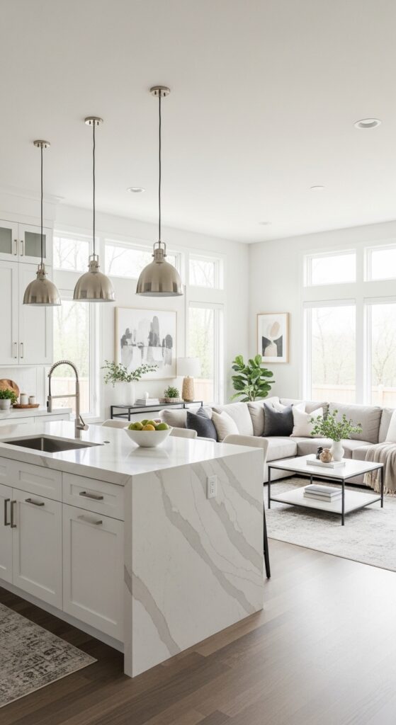 Open concept kitchen and living area with white cabinets, marble island, and modern furniture