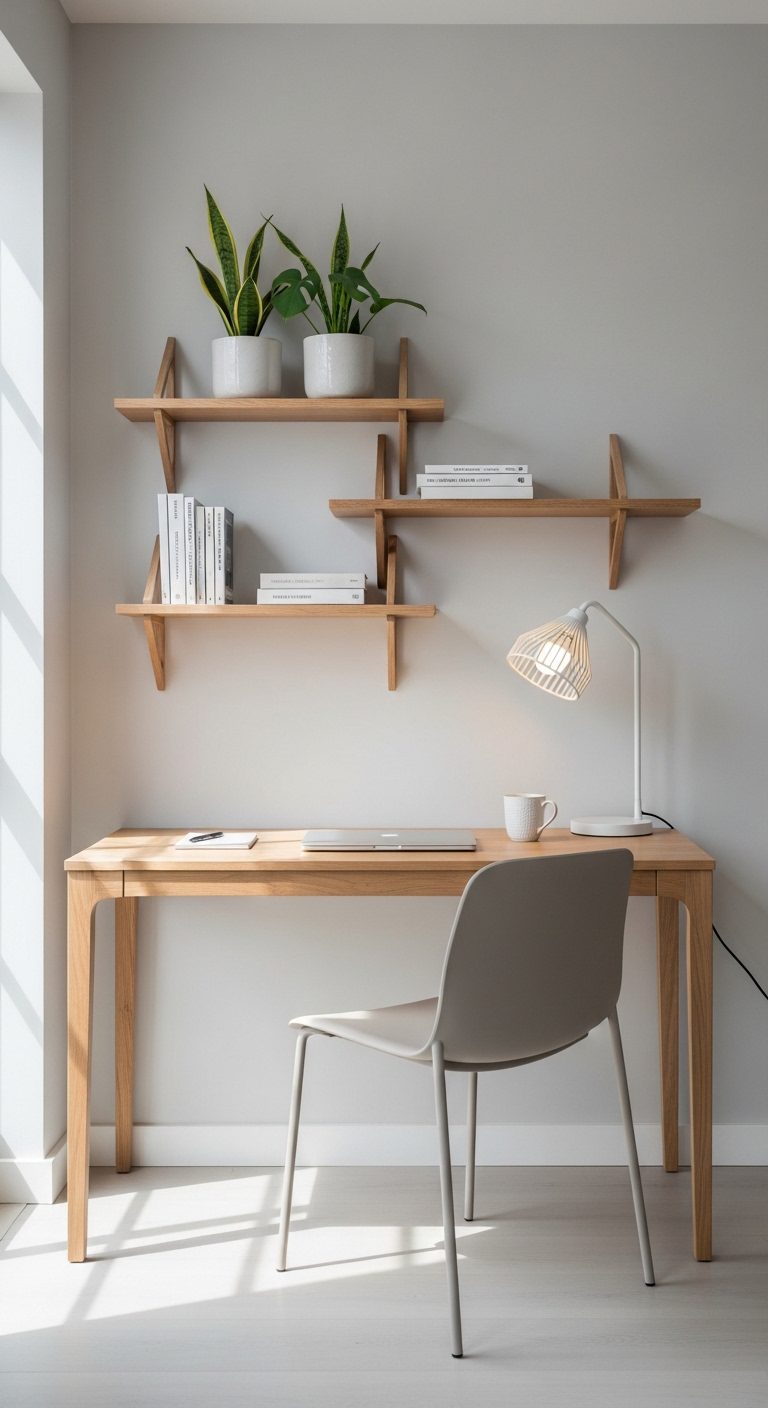 Minimal home office with wooden desk, ergonomic chair, floating shelves, and indoor plant