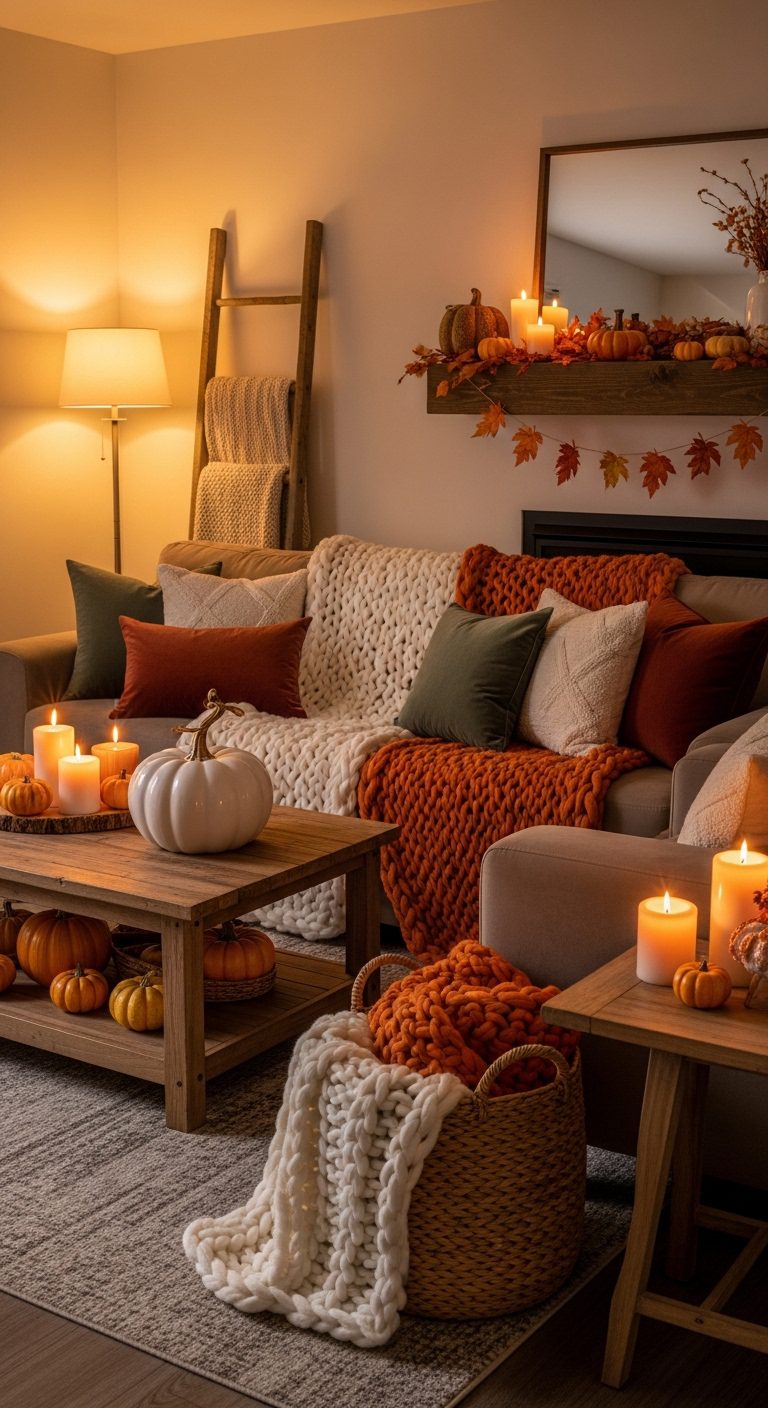 Cozy fall living room with pumpkins, knit blankets, warm lighting, and rustic decor