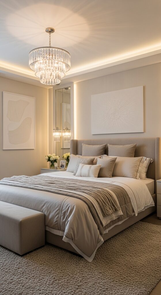 Luxury neutral bedroom with upholstered headboard, layered bedding, chandelier, and plush textures