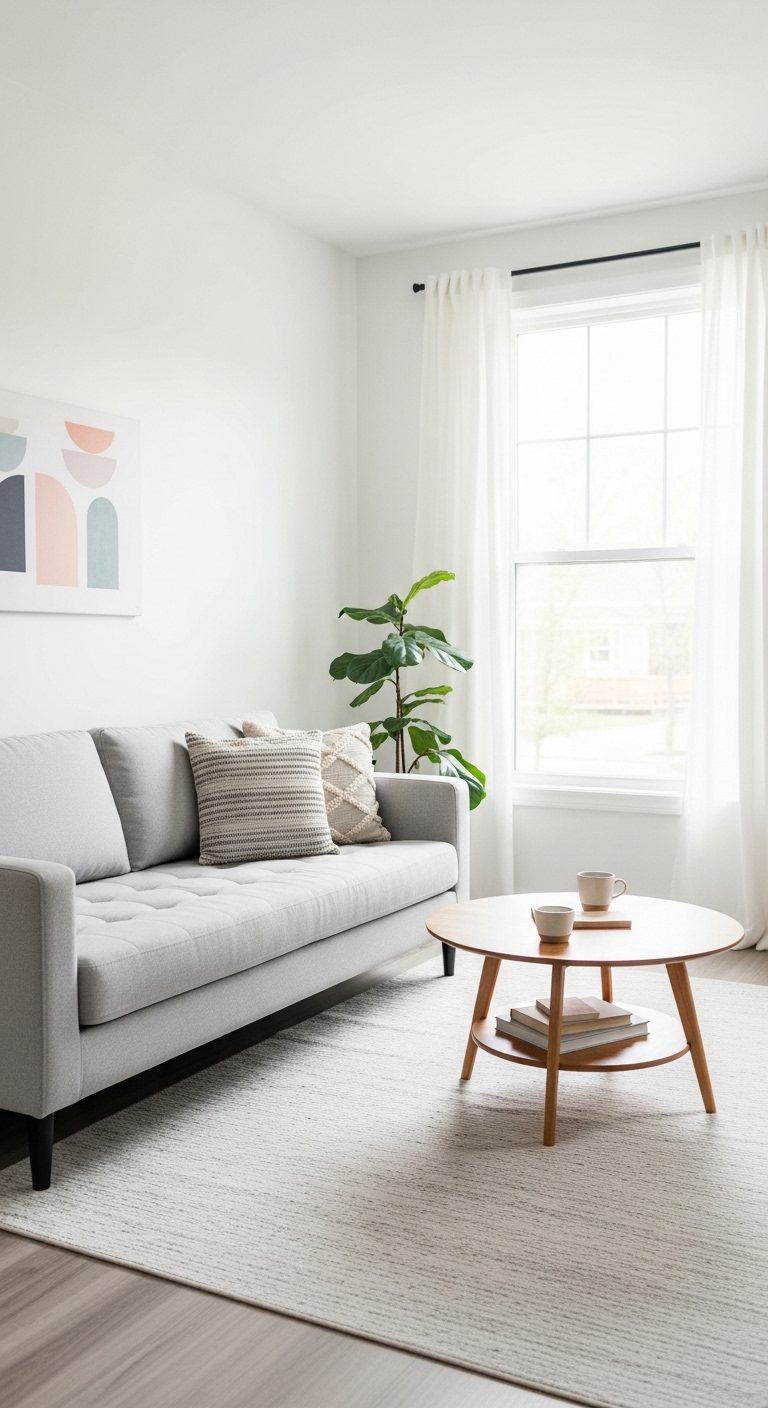 Small apartment living room with neutral sofa, wooden coffee table, and natural lighting