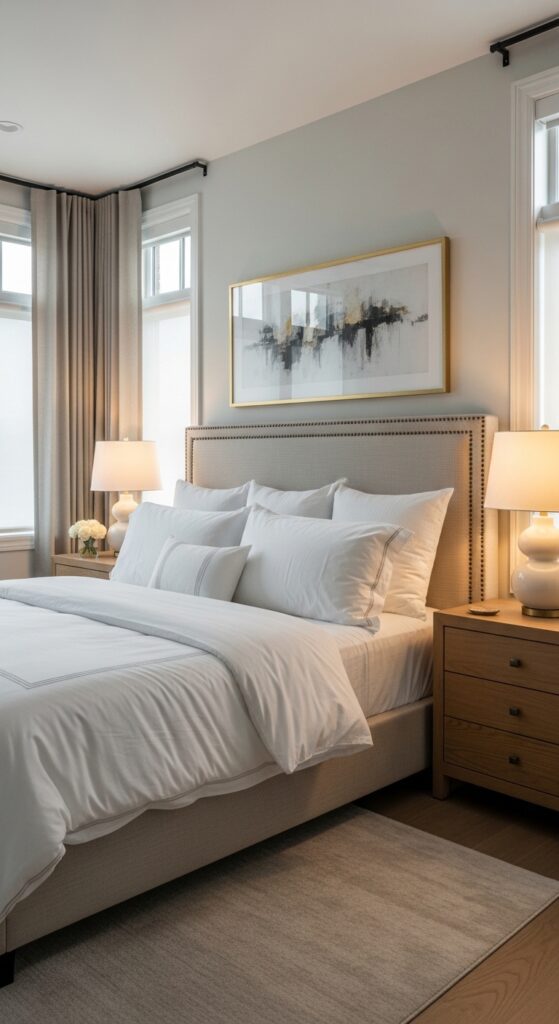 Neutral master bedroom with beige headboard, layered bedding, and warm lighting