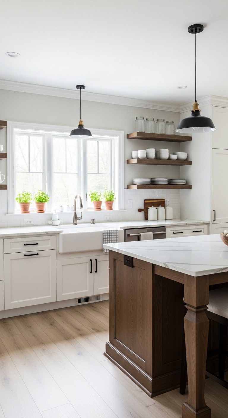 Modern farmhouse kitchen with white cabinets, quartz countertops, and black hardware