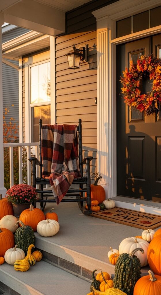 Fall front porch with pumpkins, rocking chair, plaid blanket, and wreath
