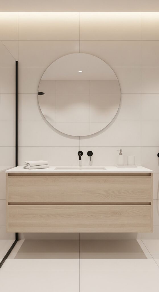 Modern bathroom with floating vanity, round mirror, and black fixtures