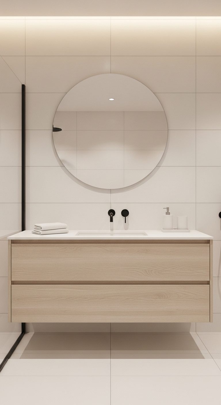 Modern bathroom with floating vanity, round mirror, and black fixtures