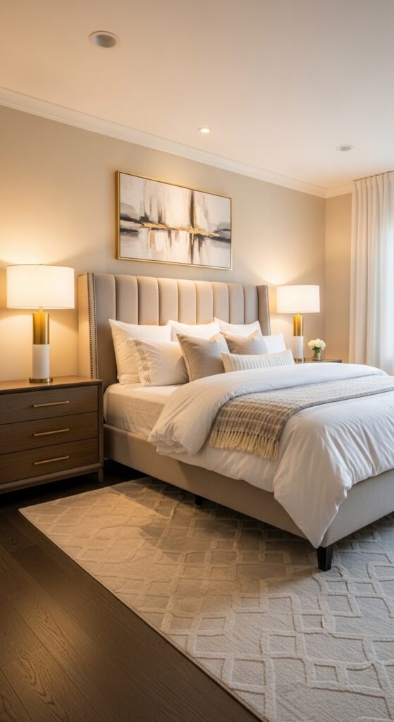 Luxury neutral bedroom ideas, elegant master bedroom USA