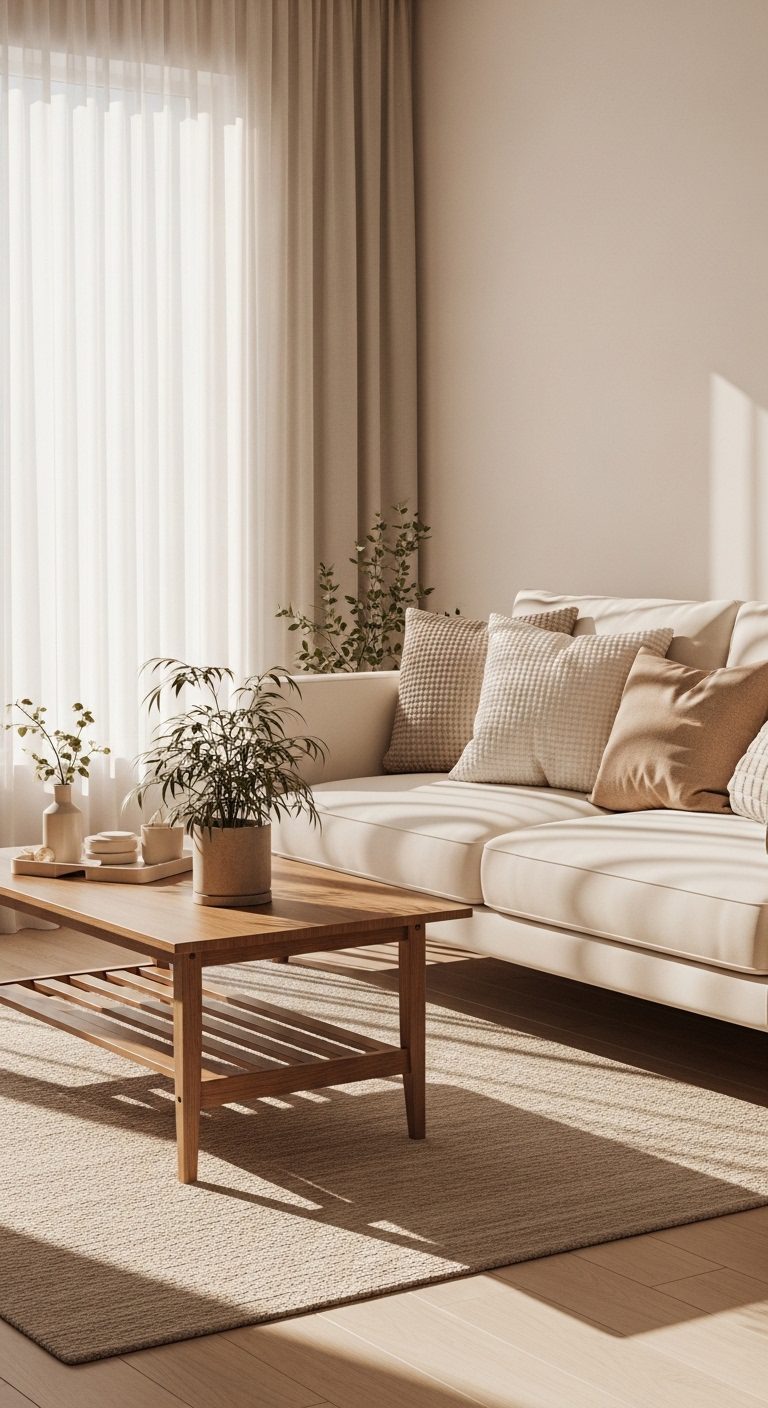 Minimalist beige and white living room with cream sofa, wooden coffee table, indoor plants, and soft natural sunlight creating a cozy aesthetic vibe.