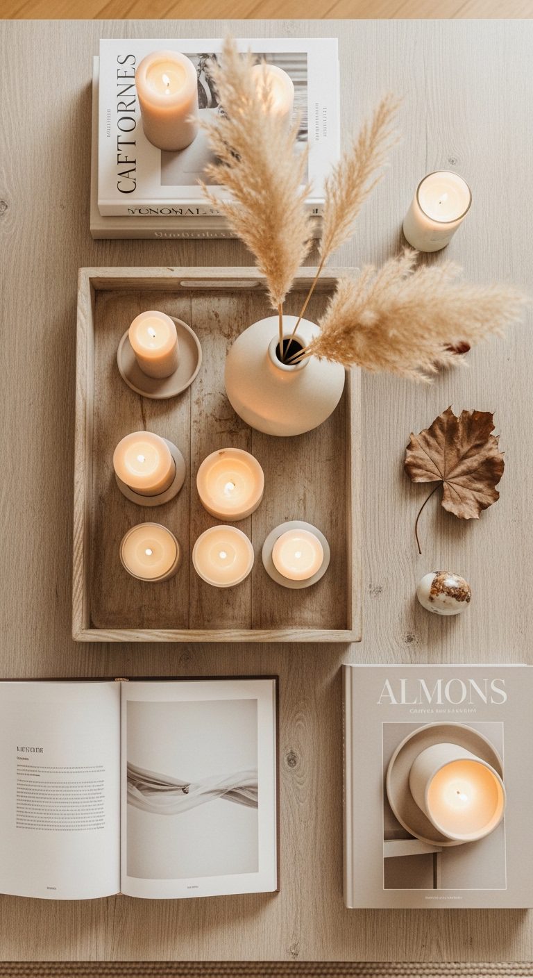Top view of aesthetic coffee table styled with wooden tray, neutral candles, pampas grass in ceramic vase, and coffee table books for a modern cozy living room.