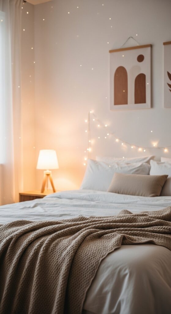 Dreamy bedroom with white bedding, beige throw blanket, soft fairy lights, warm lamp glow, and minimalist wall art creating a cozy Pinterest-inspired space.