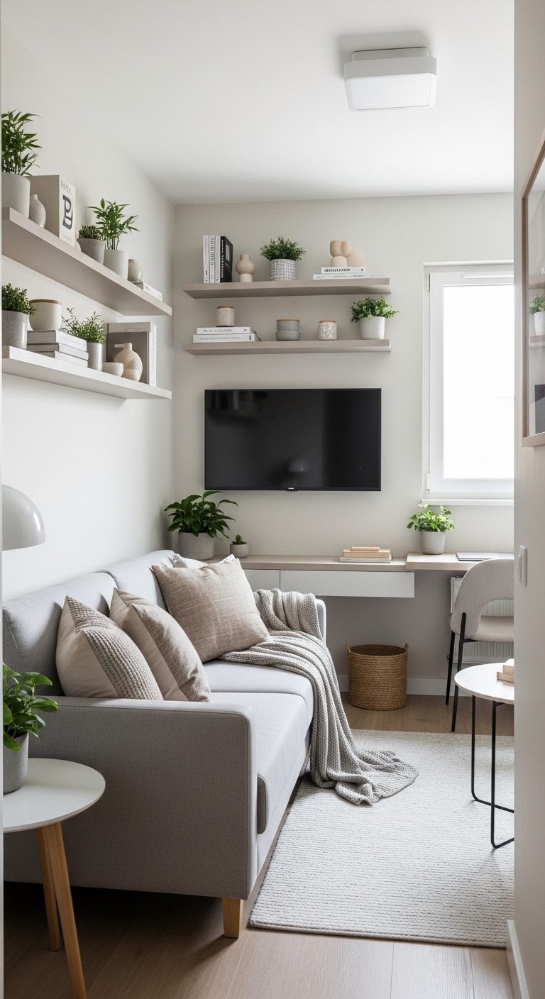 Small apartment living room with compact sofa, wall shelves, and neutral decor creating a modern space-saving layout.