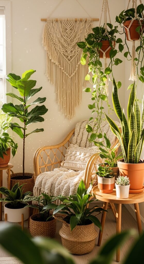 Boho plant corner with rattan chair, macrame wall hanging, multiple indoor plants, and natural sunlight creating a cozy and trendy Pinterest aesthetic.