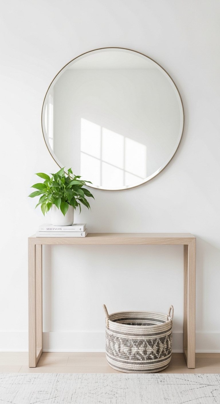 Modern entryway with console table, round mirror, and neutral decor in natural light