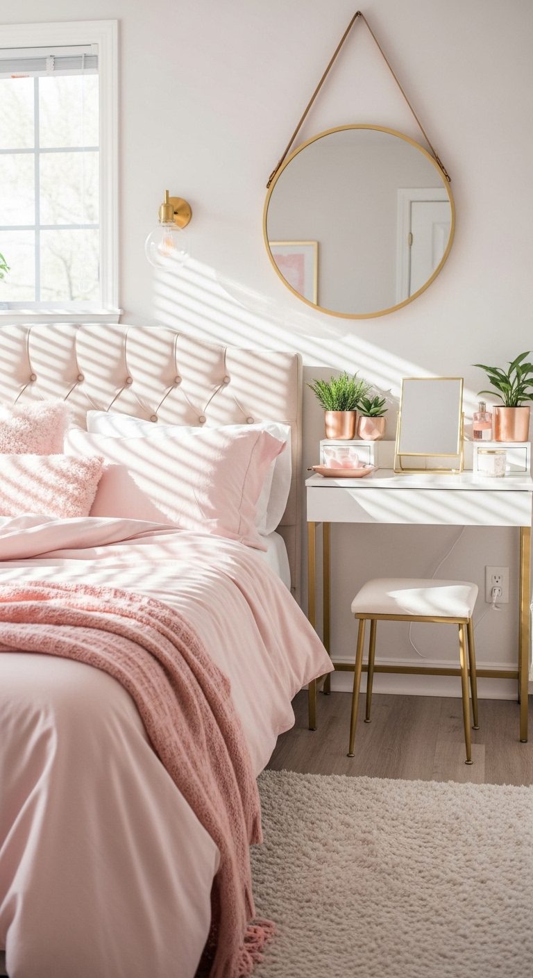 Soft pink feminine bedroom with blush bedding, gold decor accents, round mirror, vanity setup, and natural daylight creating a cozy Pinterest aesthetic.