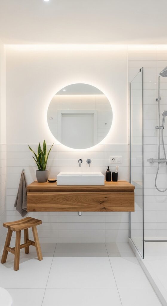 Minimalist bathroom with white tiles, wooden accents, and indoor plant creating a clean aesthetic