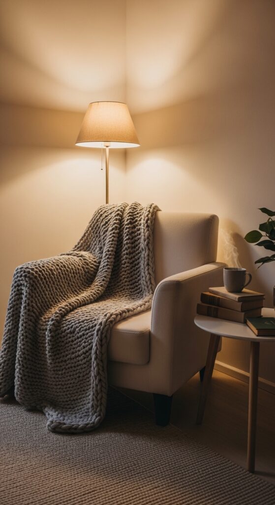 Cozy reading nook with armchair, warm lighting, and soft throw blanket in neutral tones