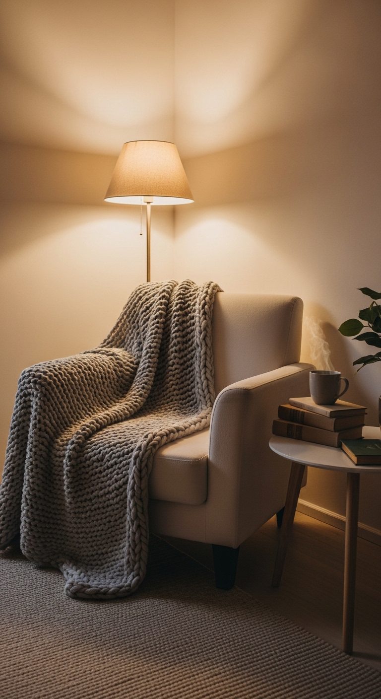 Cozy reading nook with armchair, warm lighting, and soft throw blanket in neutral tones