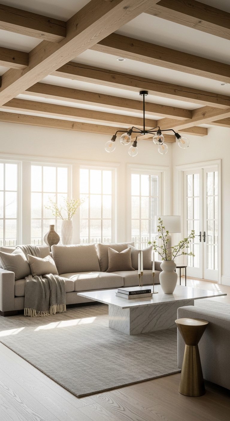 Elegant Living Room with Statement Ceiling Beams & Neutral Style
