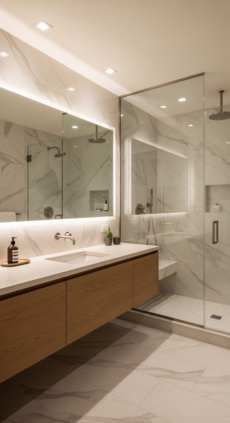 Minimal Luxury Bathroom with LED Ceiling Lighting & Marble Style