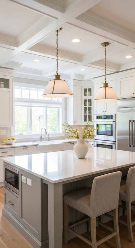 Bright Open Kitchen with Coffered Ceiling & Modern Island