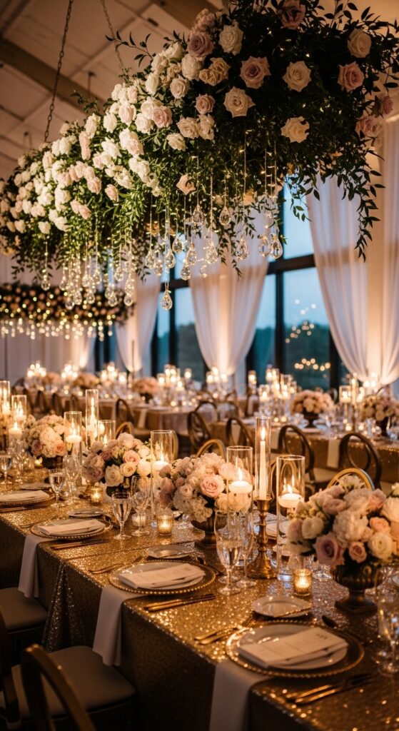 Elegant Wedding Reception with Floral Ceiling Installations