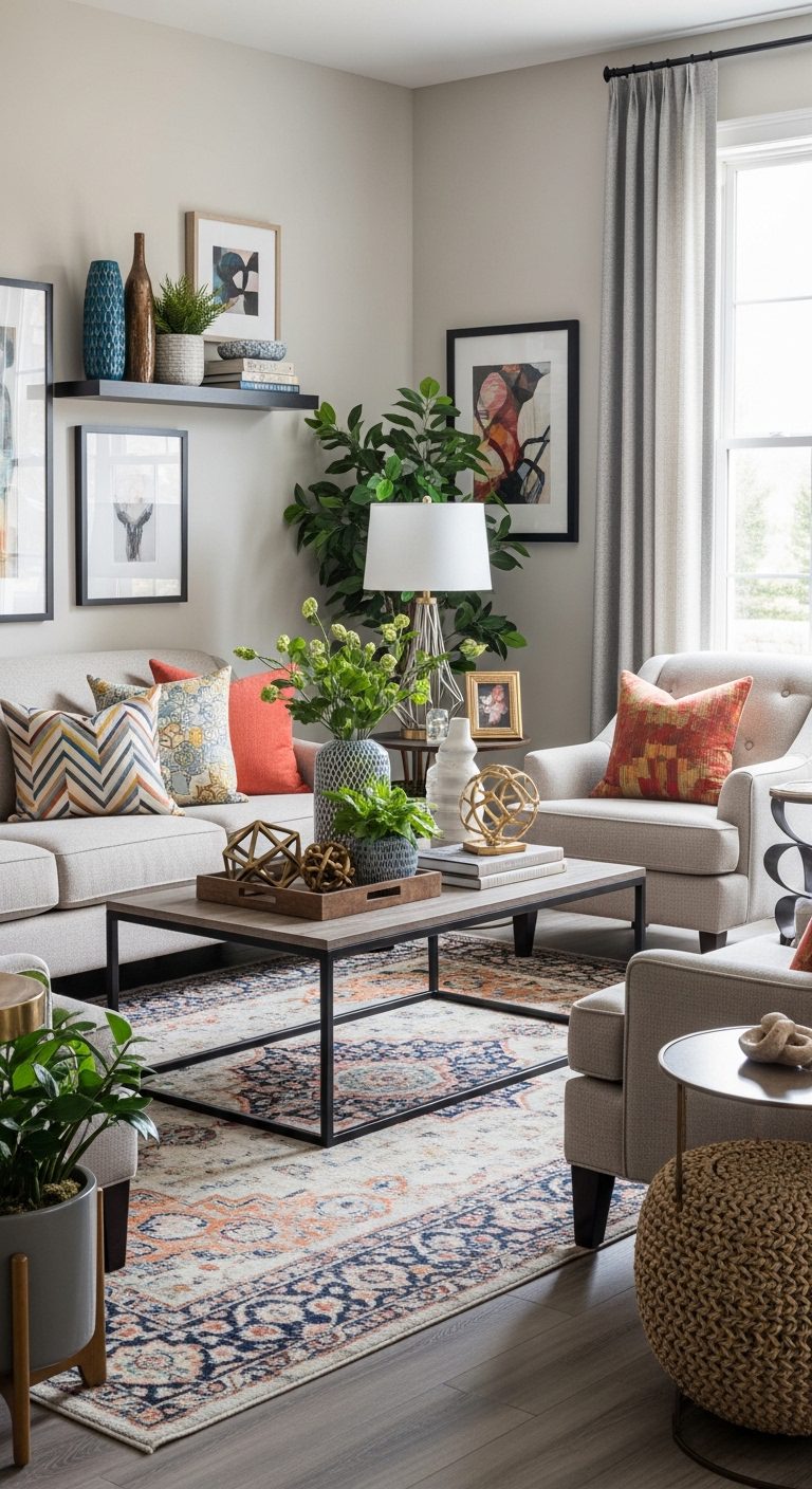 Modern Cozy Living Room Ideas with Neutral Seating and Layered Decor