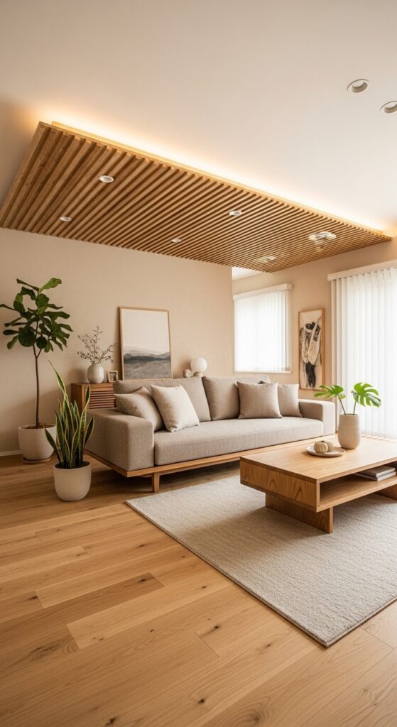 Japandi Living Room with Statement Wood Ceiling