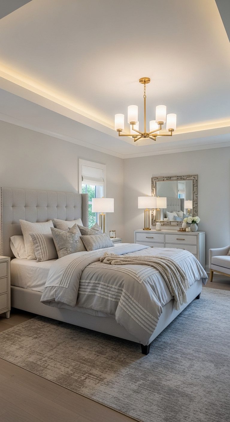 Soft Luxury Bedroom with Layered Ceiling Lighting