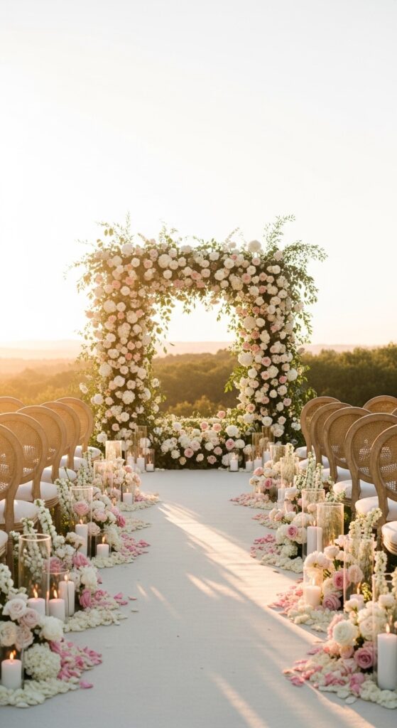 Elegant Outdoor Wedding Decor Ideas with Romantic Floral Arch & Soft Lighting