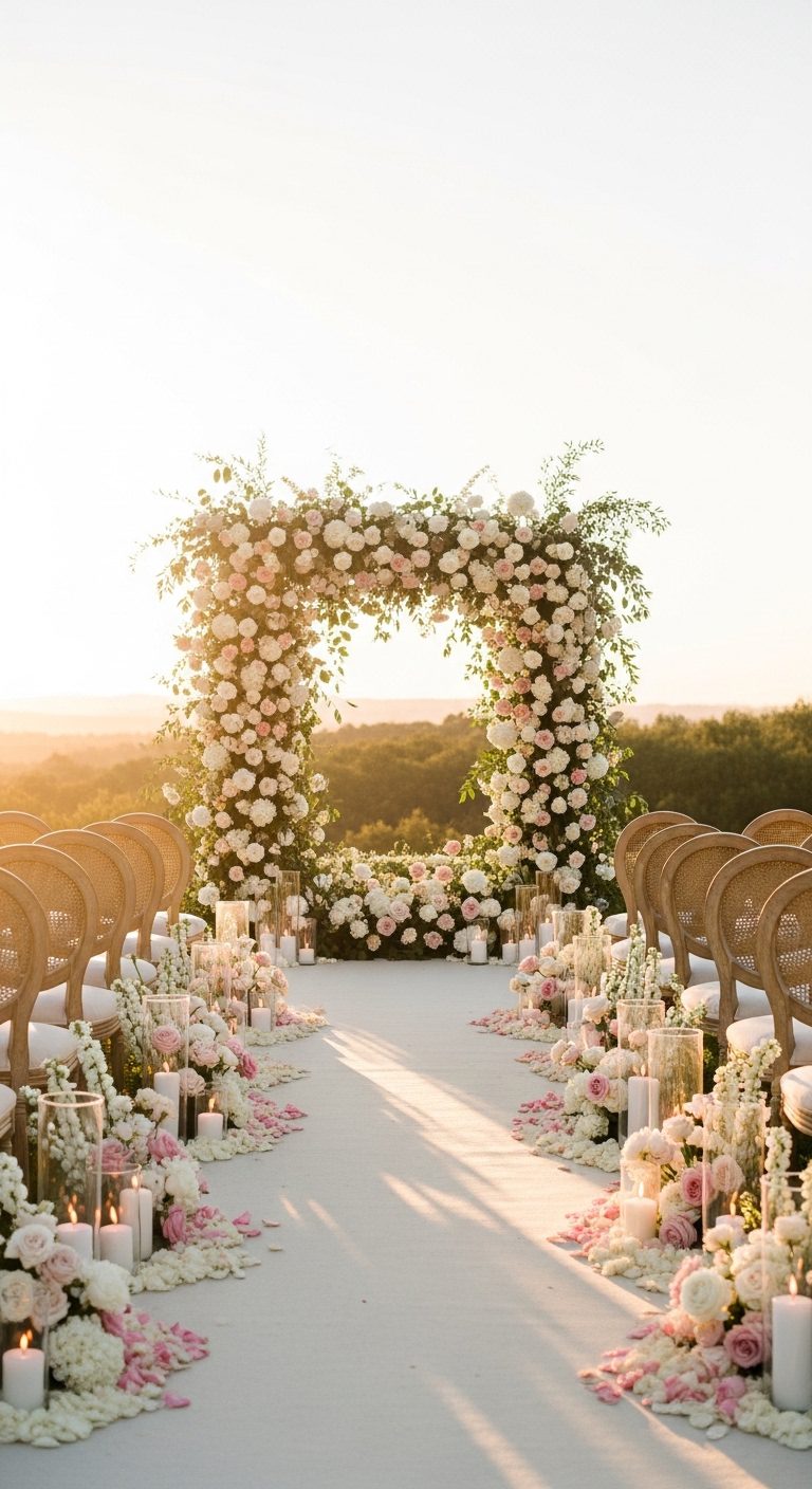 Elegant Outdoor Wedding Decor Ideas with Romantic Floral Arch & Soft Lighting