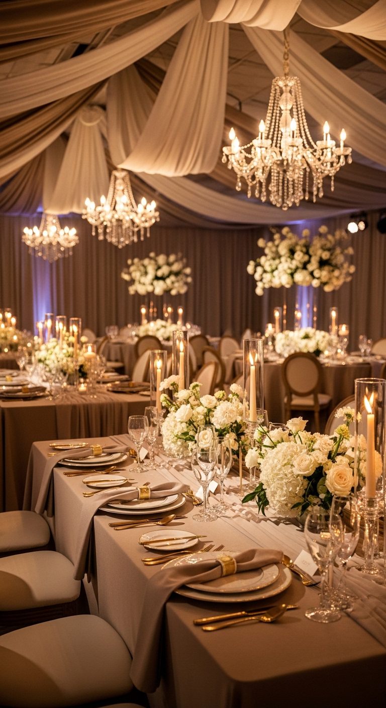 Modern Wedding Reception Decor with Candlelight & Neutral Luxury Theme