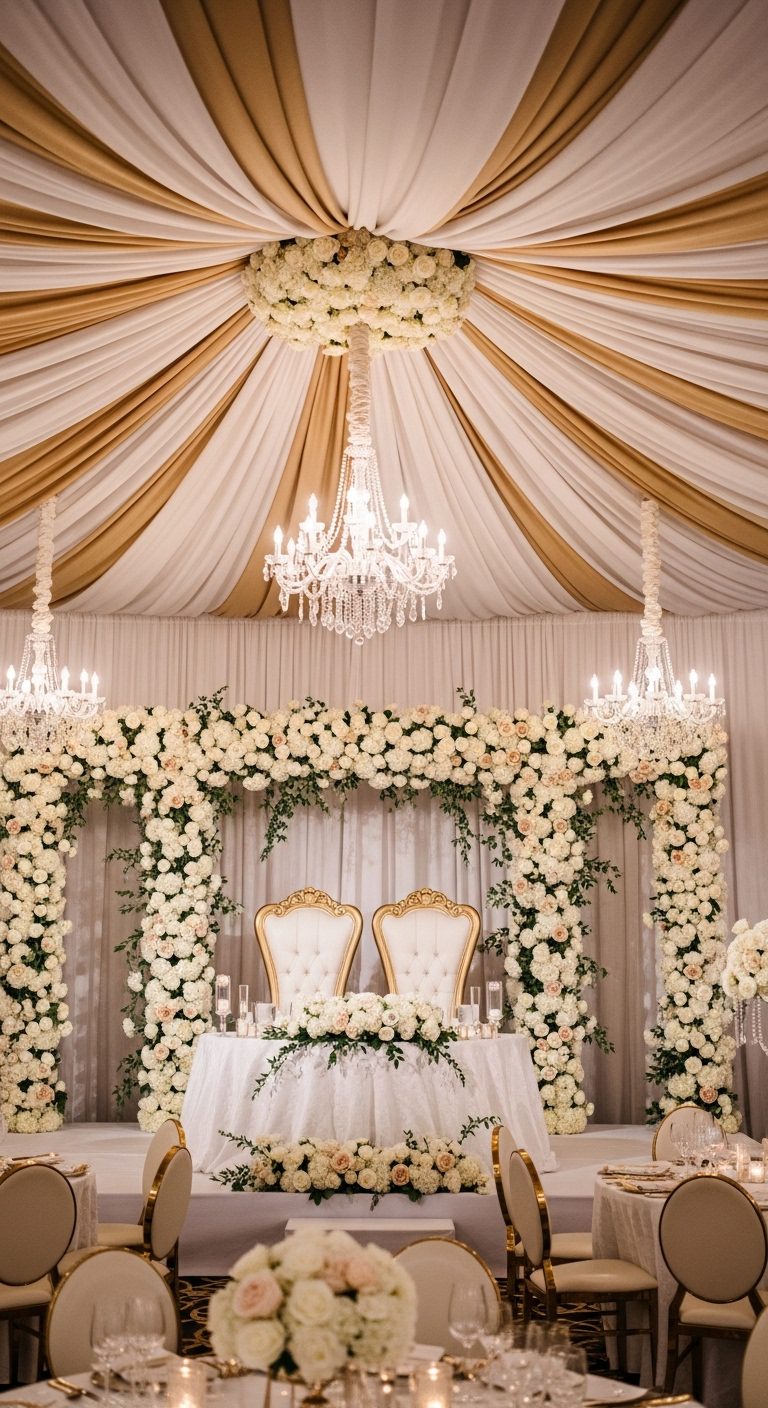 Luxury Wedding Stage Decor with Ceiling Drapes & Crystal Chandeliers