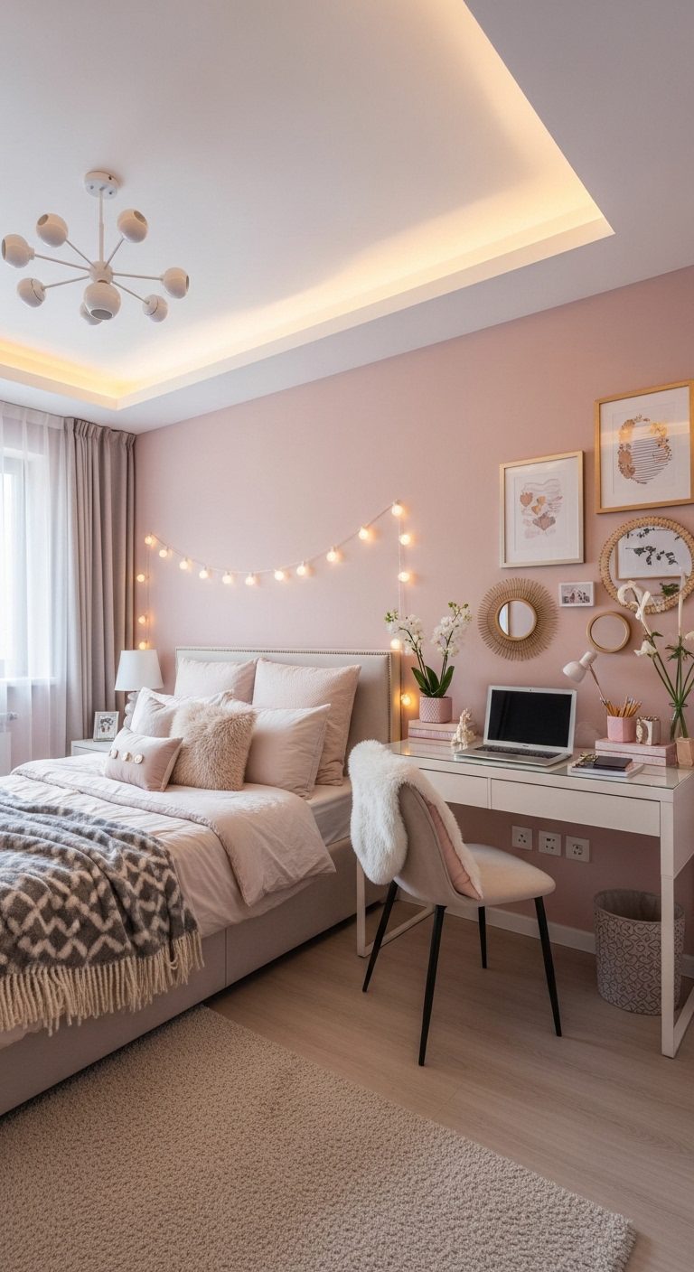 Soft Pink Girls Bedroom Ideas with Cozy Lighting & Stylish Ceiling Design