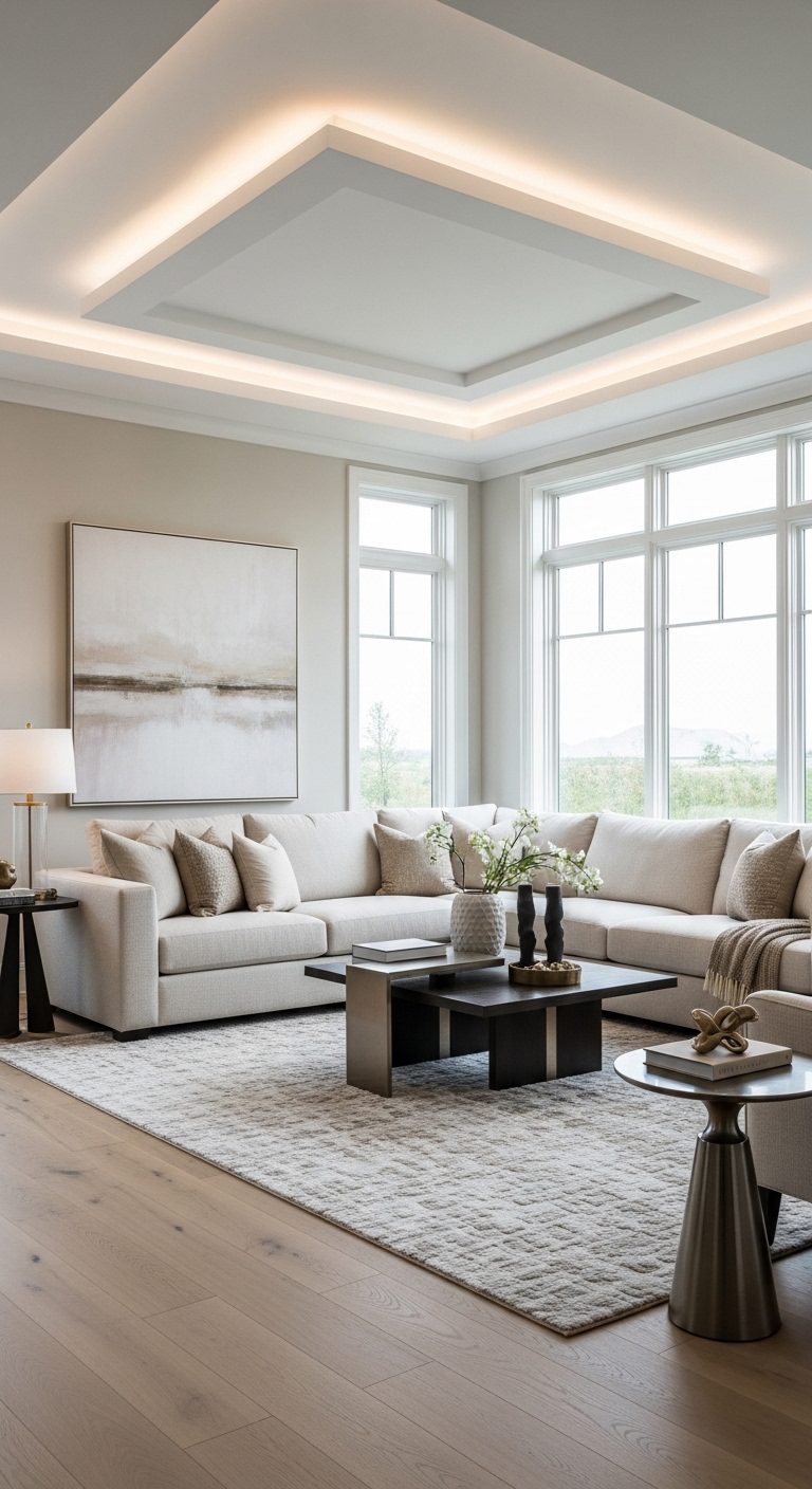 Luxury Living Room Design with Modern Tray Ceiling & Neutral Decor
