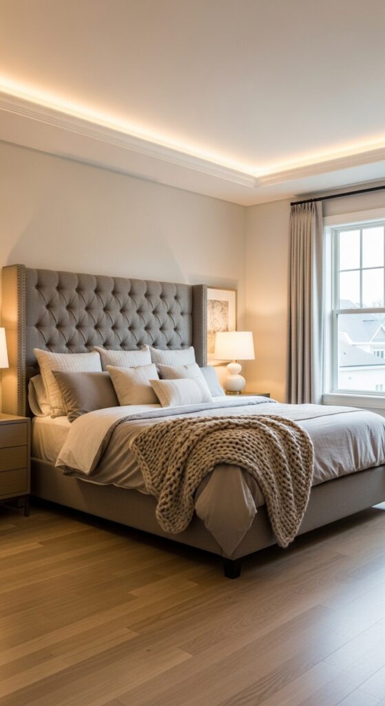 Elegant Master Bedroom Ideas with Soft Lighting & Ceiling Detail