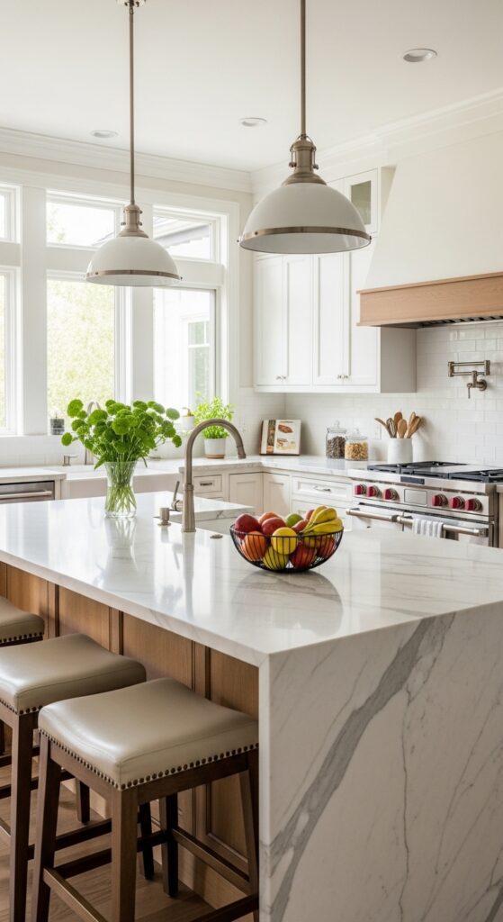 Bright Modern Kitchen Design with Statement Lighting & Ceiling Accents
