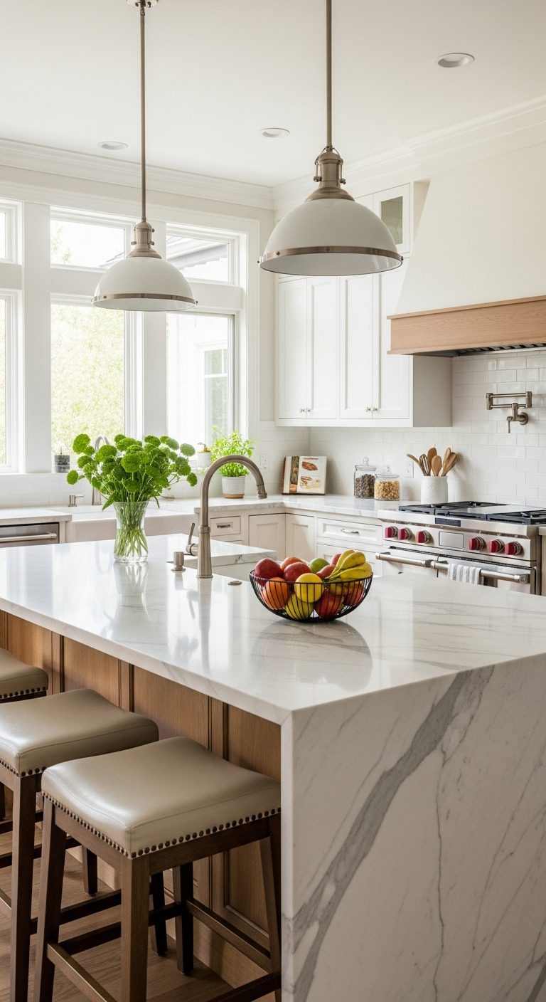 Bright Modern Kitchen Design with Statement Lighting & Ceiling Accents