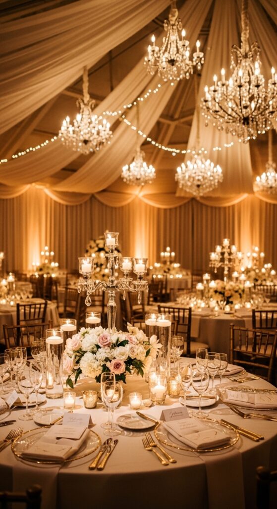 Romantic Wedding Reception Decor with Ceiling Drapes & Candlelight