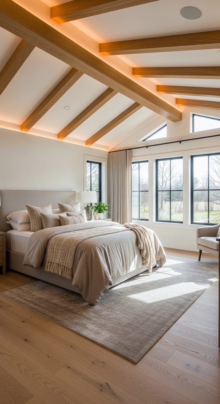 Modern Cozy Bedroom with Vaulted Ceiling & Warm Ambient Lighting