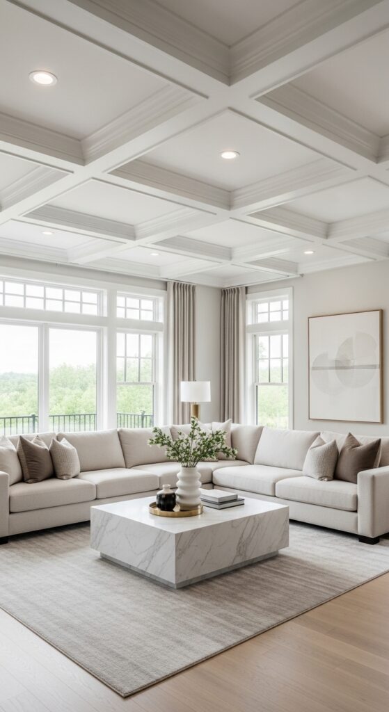 Open Concept Living Room with Coffered Ceiling & Neutral Luxury Decor