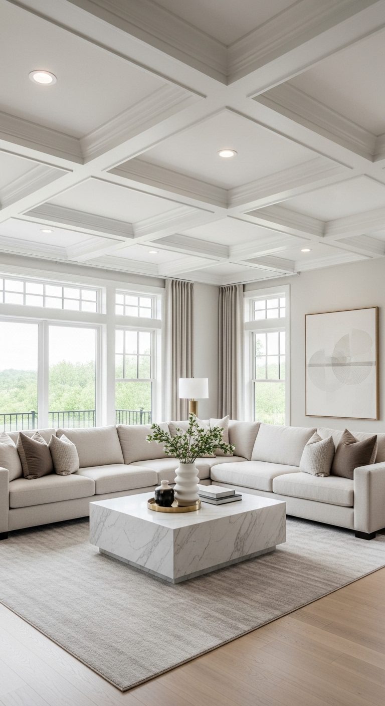 Open Concept Living Room with Coffered Ceiling & Neutral Luxury Decor