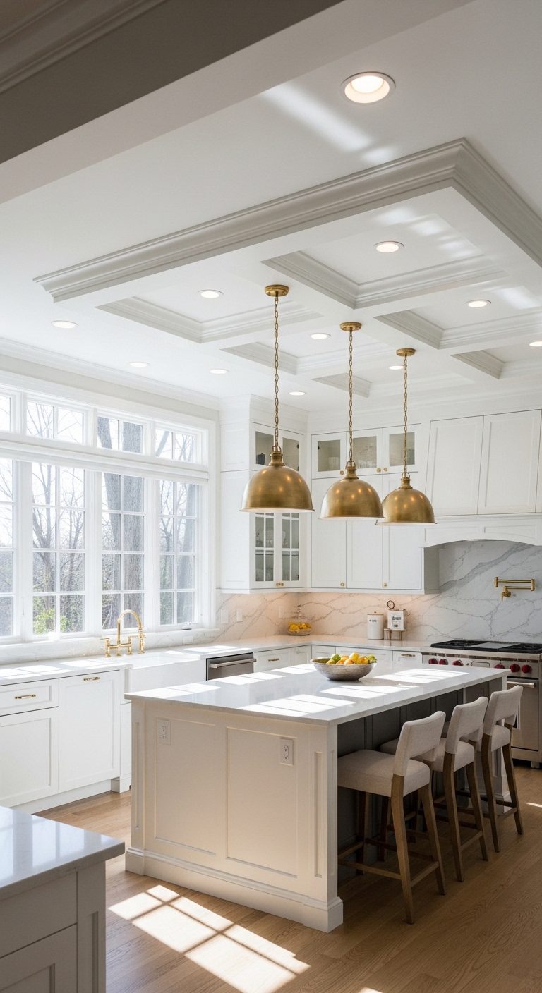 Luxury White Kitchen with Tray Ceiling & Gold Statement Lighting
