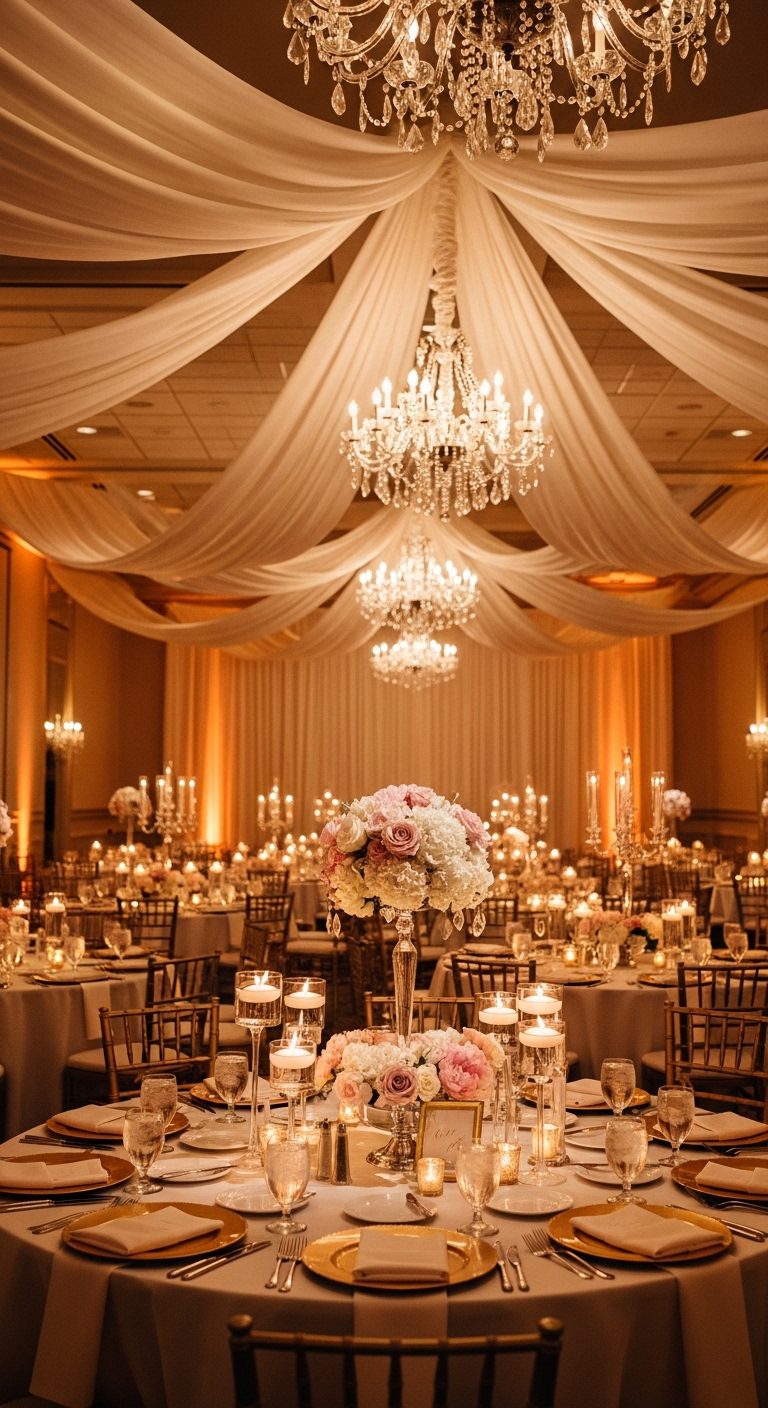Romantic Wedding Reception with Draped Ceiling & Crystal Chandeliers