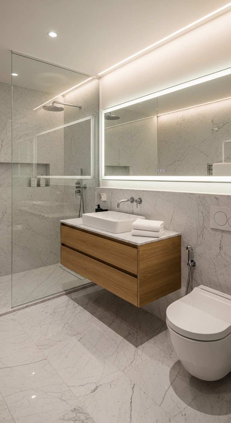 Modern Spa Bathroom with Recessed Ceiling Lighting & Marble Finishes