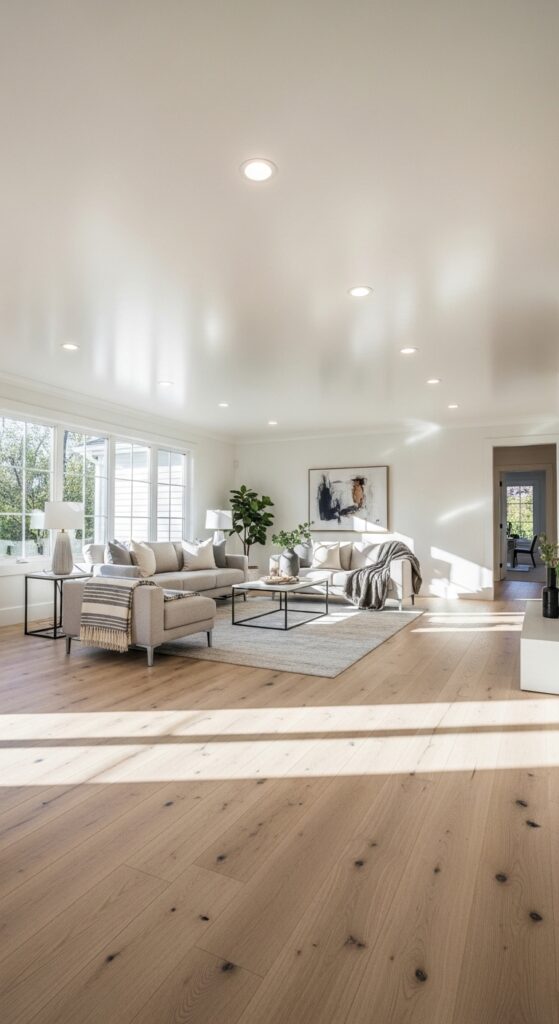 Light Oak Hardwood Flooring with Modern Ceiling Accents