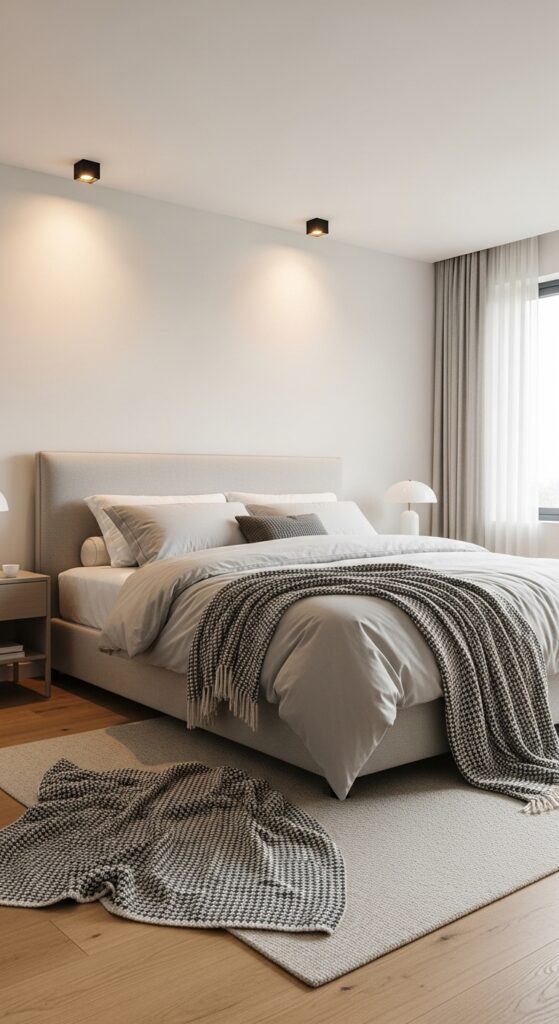 Serene Modern Bedroom with Soft Ceiling Lighting & Neutral Decor